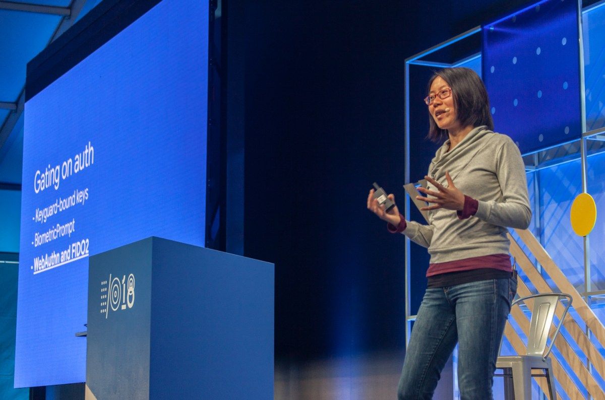 Xiaowen Xin, Android security product manager, discusses new features in Android P at Google I/O 2018 in Mountain View, Calif., on May 10, 2018. <i>Photo by Seth Rosenblatt/The Parallax</i>